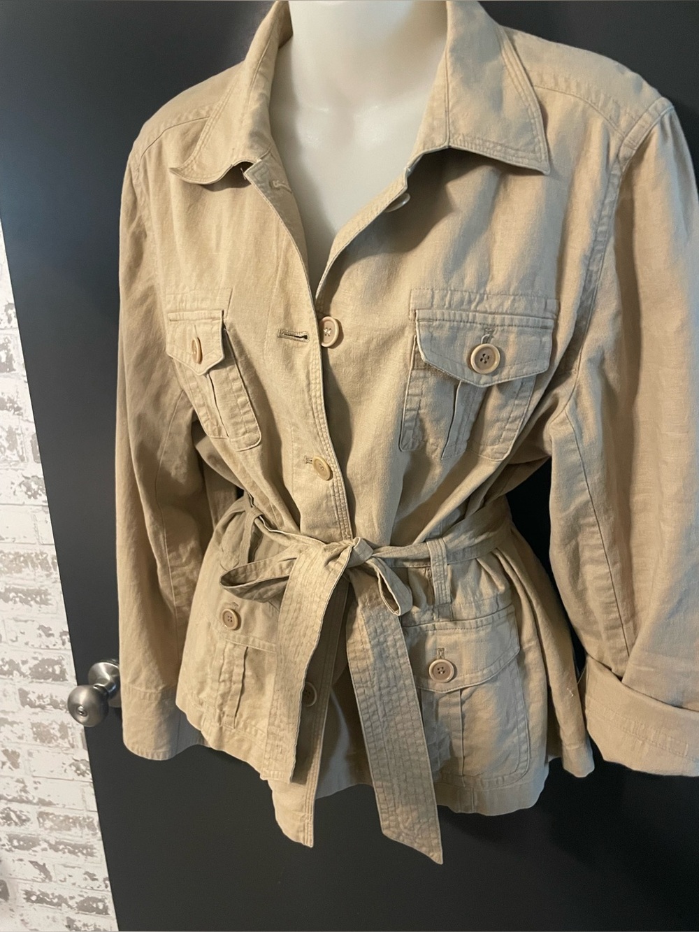 Jones New York Sport Linen Blend Safari Utility Jacket Belted Tan XL - Picture 3 of 9